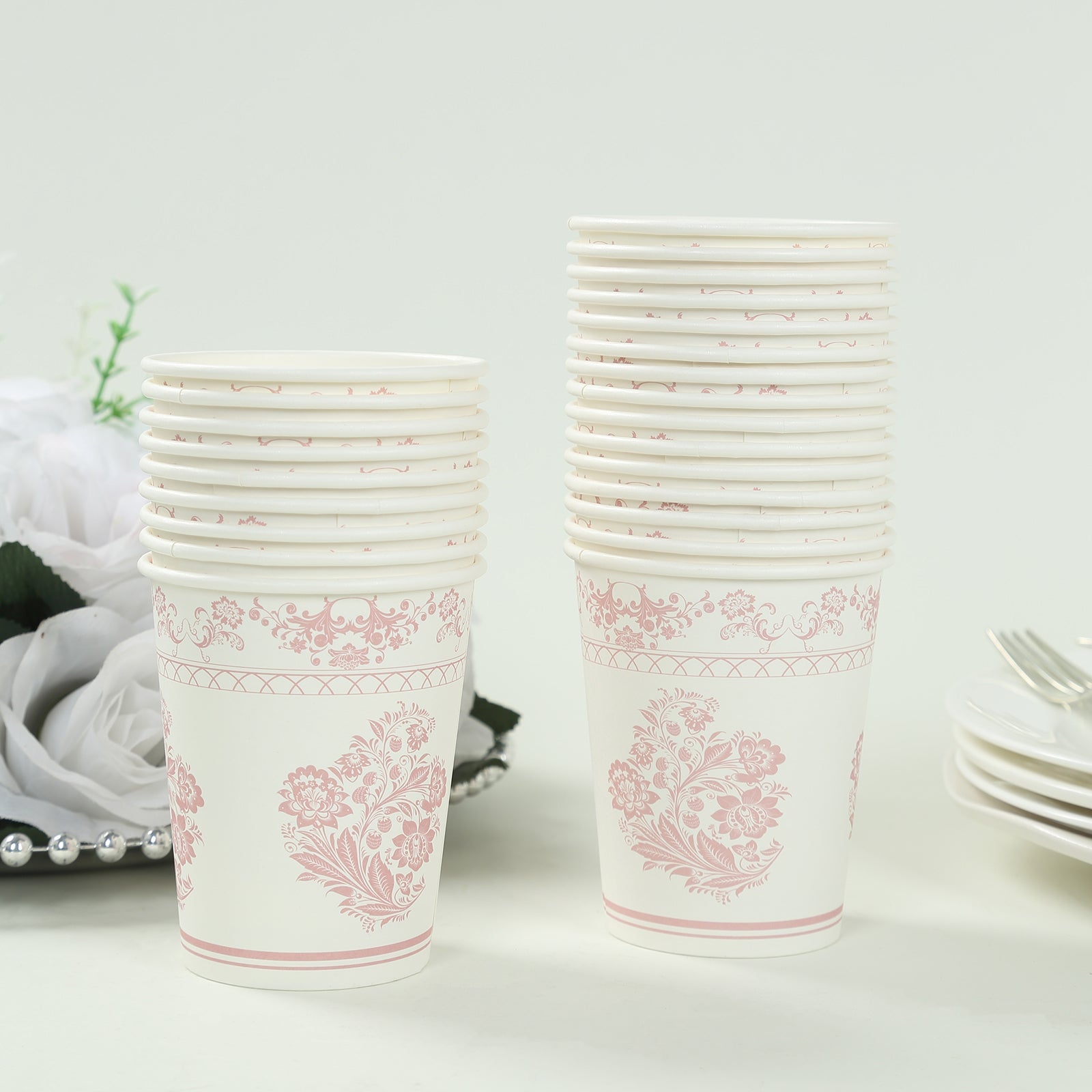 24 Pack Disposable Paper Cups in White Pink Damask Floral Pattern, Elegant Party Cups - 9oz - Bell Racket Store