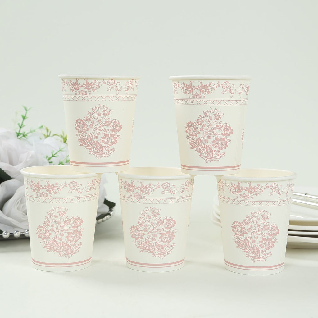 24 Pack Disposable Paper Cups in White Pink Damask Floral Pattern, Elegant Party Cups - 9oz - Bell Racket Store