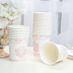 24 Pack Disposable Paper Cups in White Pink Damask Floral Pattern, Elegant Party Cups - 9oz - Bell Racket Store