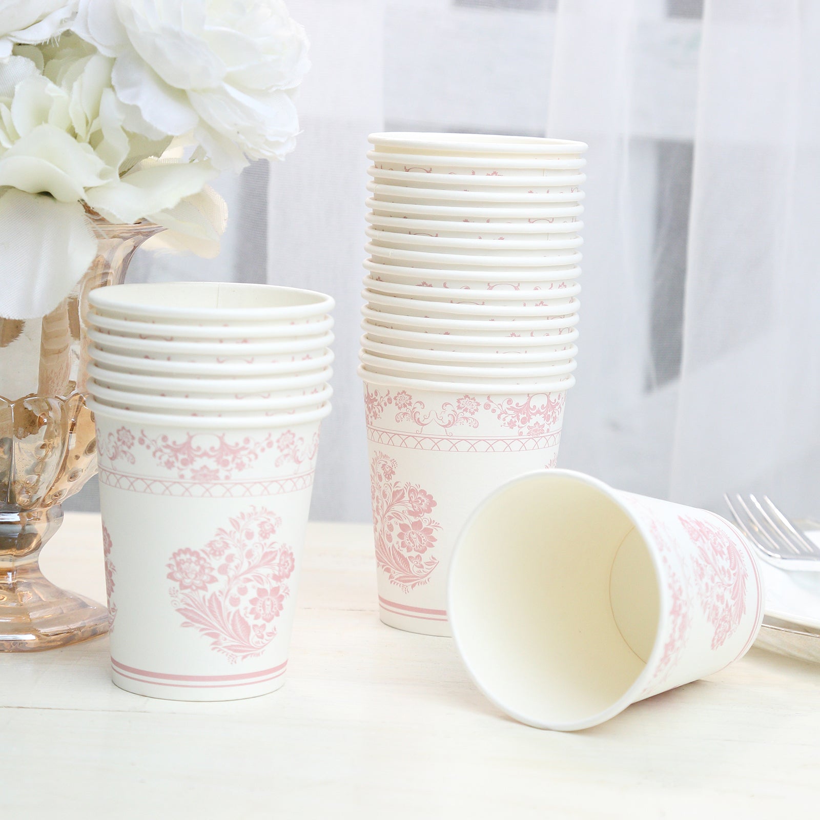24 Pack Disposable Paper Cups in White Pink Damask Floral Pattern, Elegant Party Cups - 9oz - Bell Racket Store