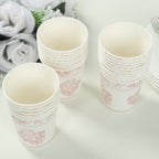 24 Pack Disposable Paper Cups in White Pink Damask Floral Pattern, Elegant Party Cups - 9oz - Bell Racket Store