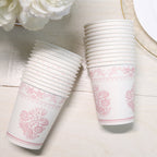24 Pack Disposable Paper Cups in White Pink Damask Floral Pattern, Elegant Party Cups - 9oz - Bell Racket Store