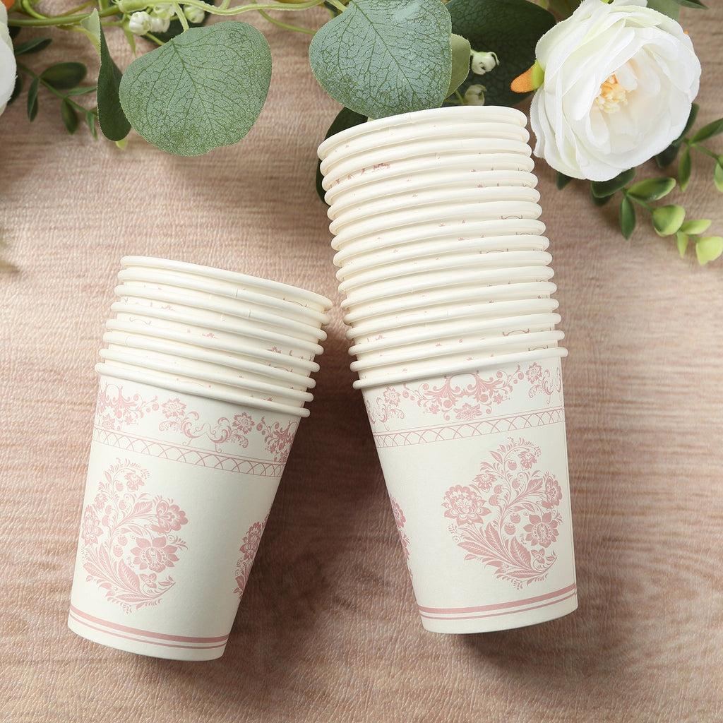 24 Pack Disposable Paper Cups in White Pink Damask Floral Pattern, Elegant Party Cups - 9oz - Bell Racket Store