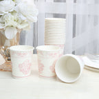 24 Pack Disposable Paper Cups in White Pink Damask Floral Pattern, Elegant Party Cups - 9oz - Bell Racket Store