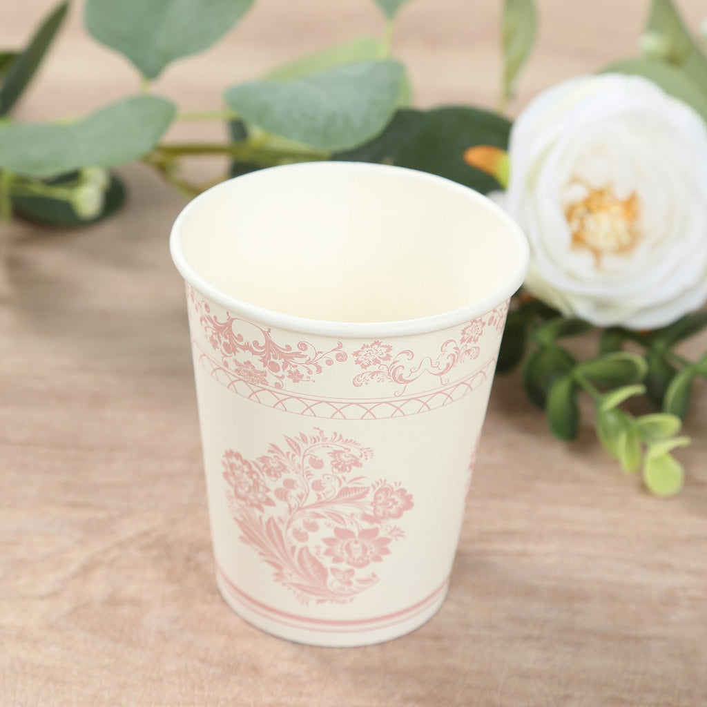 24 Pack Disposable Paper Cups in White Pink Damask Floral Pattern, Elegant Party Cups - 9oz - Bell Racket Store
