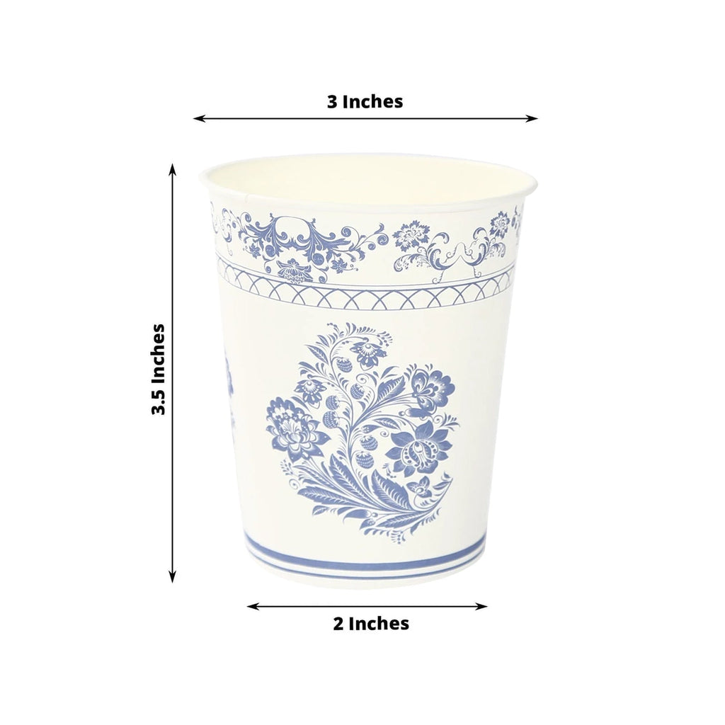 24 Pack Disposable Paper Cups in White Royal Blue Damask Floral Pattern, Elegant Party Cups - 9oz - Bell Racket Store