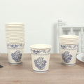 24 Pack Disposable Paper Cups in White Royal Blue Damask Floral Pattern, Elegant Party Cups - 9oz - Bell Racket Store