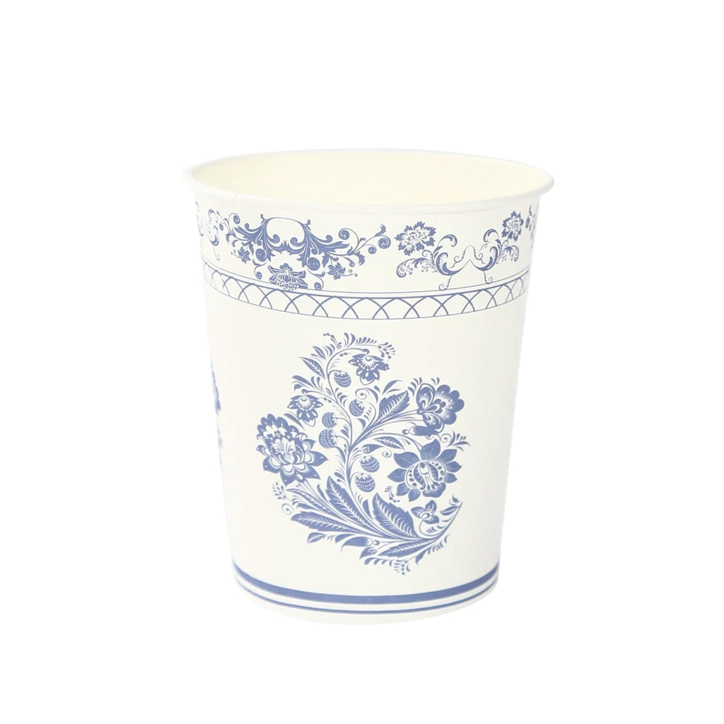 24 Pack Disposable Paper Cups in White Royal Blue Damask Floral Pattern, Elegant Party Cups - 9oz - Bell Racket Store