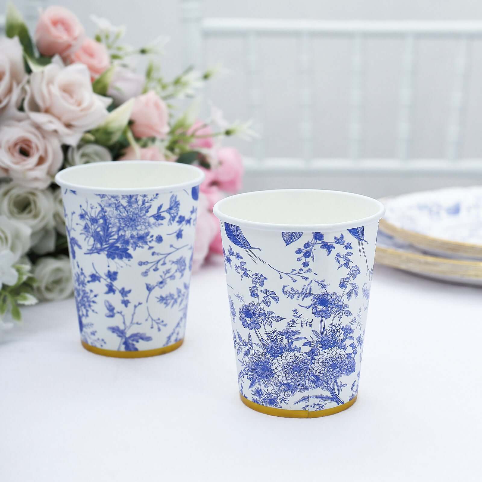 24 Pack Disposable Paper Cups in White Royal Blue French Toile Pattern with Gold Rim, Elegant Party Cups - 9oz - Bell Racket Store