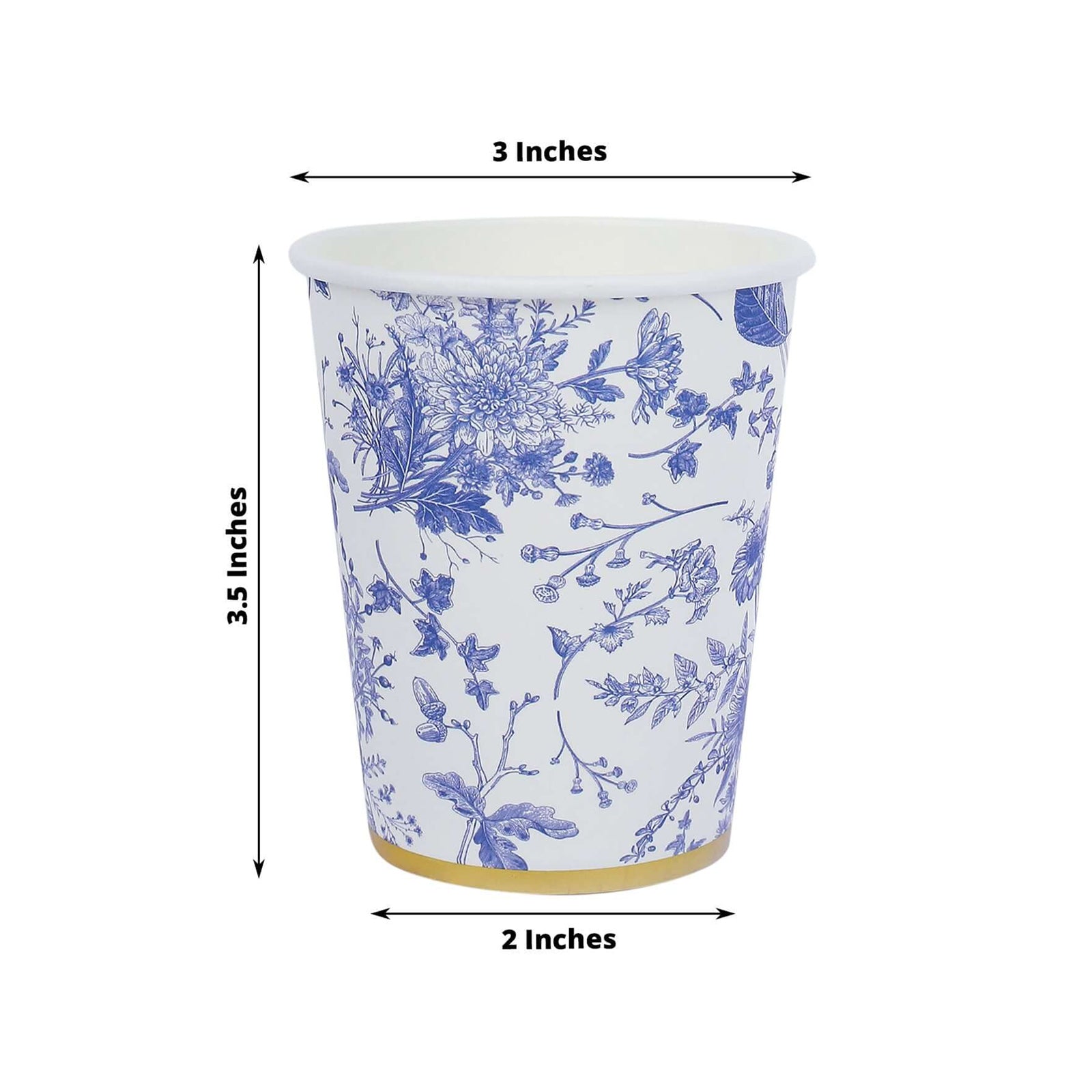 24 Pack Disposable Paper Cups in White Royal Blue French Toile Pattern with Gold Rim, Elegant Party Cups - 9oz - Bell Racket Store