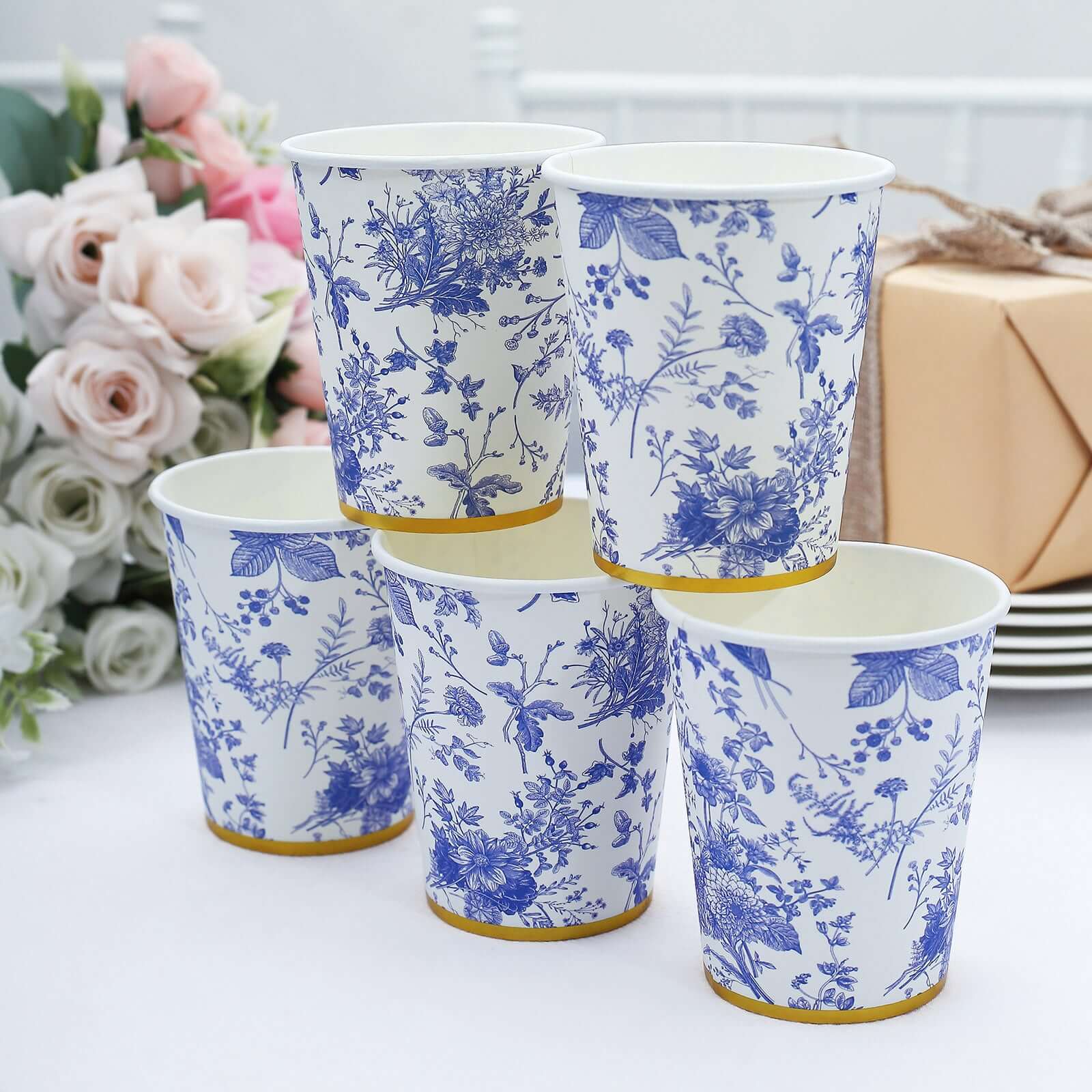 24 Pack Disposable Paper Cups in White Royal Blue French Toile Pattern with Gold Rim, Elegant Party Cups - 9oz - Bell Racket Store