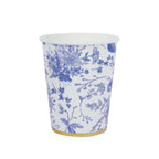 24 Pack Disposable Paper Cups in White Royal Blue French Toile Pattern with Gold Rim, Elegant Party Cups - 9oz - Bell Racket Store