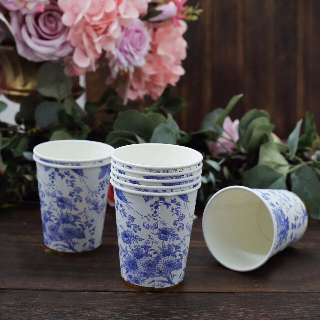 24 Pack Disposable Paper Cups in White Royal Blue French Toile Pattern with Gold Rim, Elegant Party Cups - 9oz - Bell Racket Store