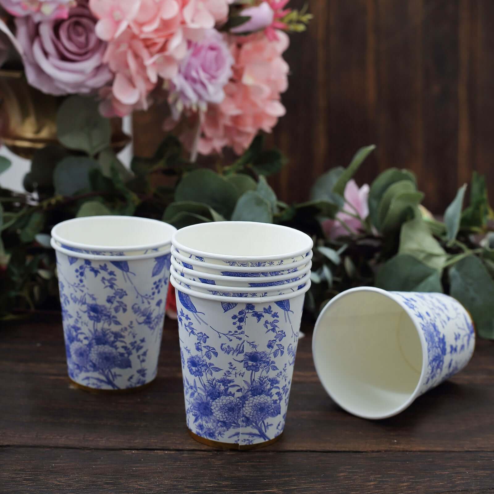 24 Pack Disposable Paper Cups in White Royal Blue French Toile Pattern with Gold Rim, Elegant Party Cups - 9oz - Bell Racket Store
