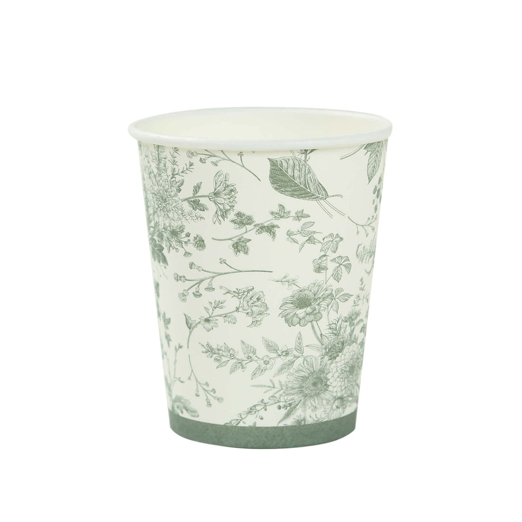 24 Pack Disposable Paper Cups in White Sage Green French Toile Pattern, Elegant Party Cups - 9oz - Bell Racket Store