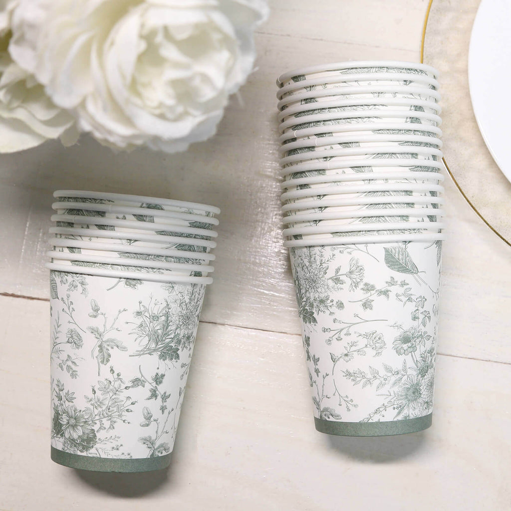 24 Pack Disposable Paper Cups in White Sage Green French Toile Pattern, Elegant Party Cups - 9oz - Bell Racket Store