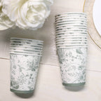 24 Pack Disposable Paper Cups in White Sage Green French Toile Pattern, Elegant Party Cups - 9oz - Bell Racket Store