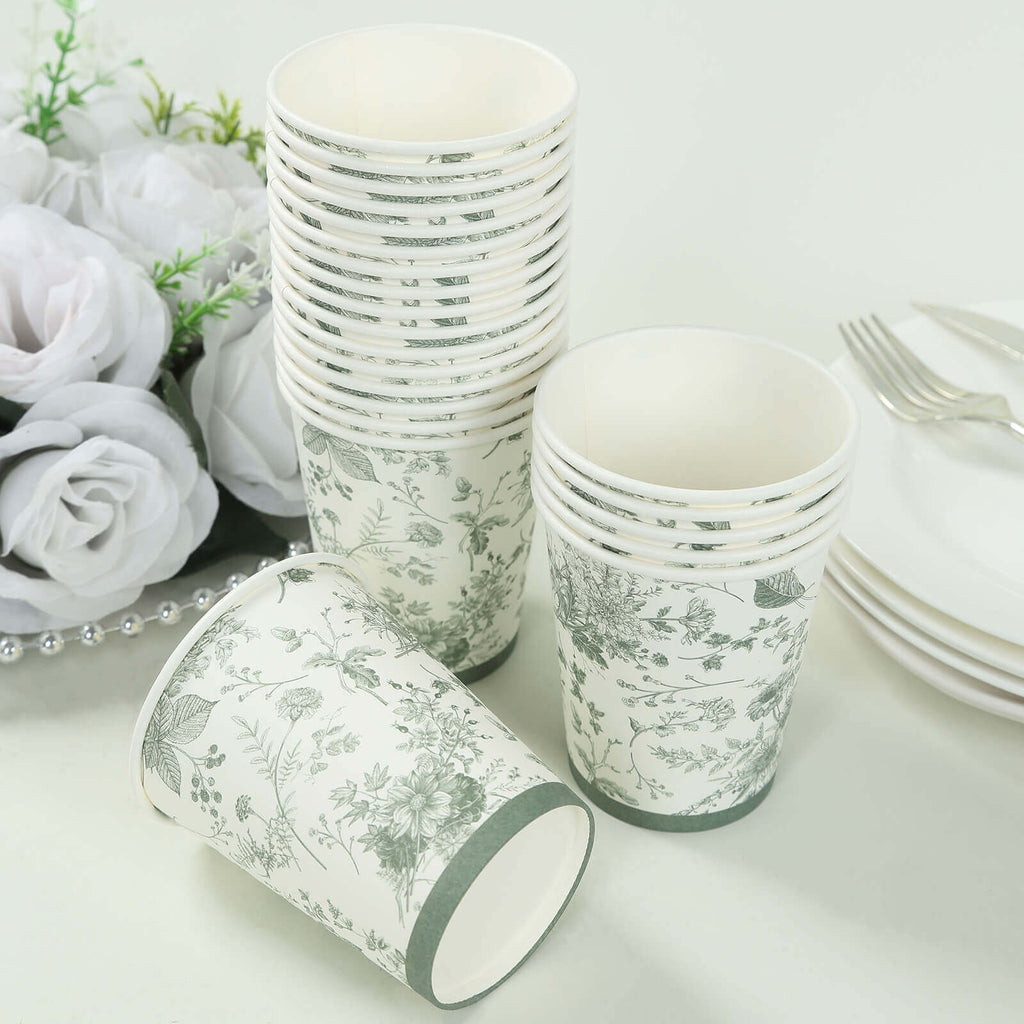 24 Pack Disposable Paper Cups in White Sage Green French Toile Pattern, Elegant Party Cups - 9oz - Bell Racket Store