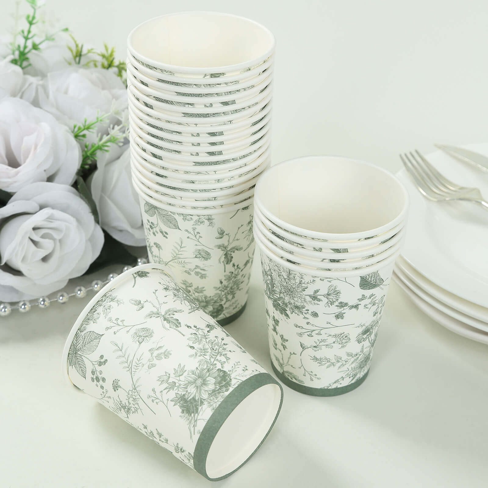 24 Pack Disposable Paper Cups in White Sage Green French Toile Pattern, Elegant Party Cups - 9oz - Bell Racket Store
