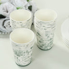24 Pack Disposable Paper Cups in White Sage Green French Toile Pattern, Elegant Party Cups - 9oz - Bell Racket Store
