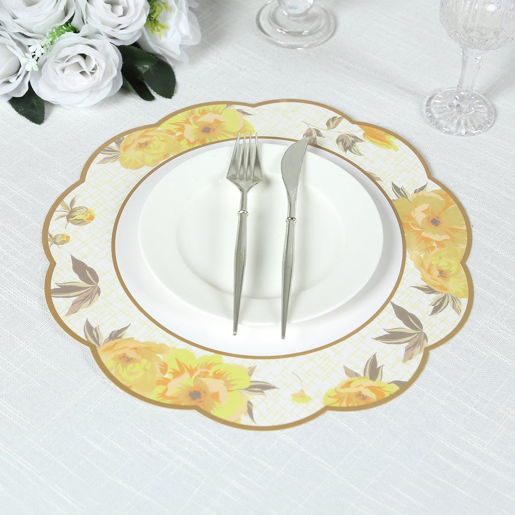 24 - Pack Disposable Table Placemats in Assorted Floral Designs with Scalloped Rim - 400GSM Cardboard Placemats for Tea Party & Garden Themes 13" - Bell Racket Store