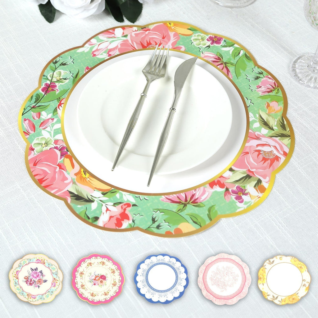 24 - Pack Disposable Table Placemats in Assorted Floral Designs with Scalloped Rim - 400GSM Cardboard Placemats for Tea Party & Garden Themes 13" - Bell Racket Store
