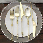 24-Pack Plastic Utensil Set with Roman Column Handle Gold/Clear - Glittered Disposable Silverware