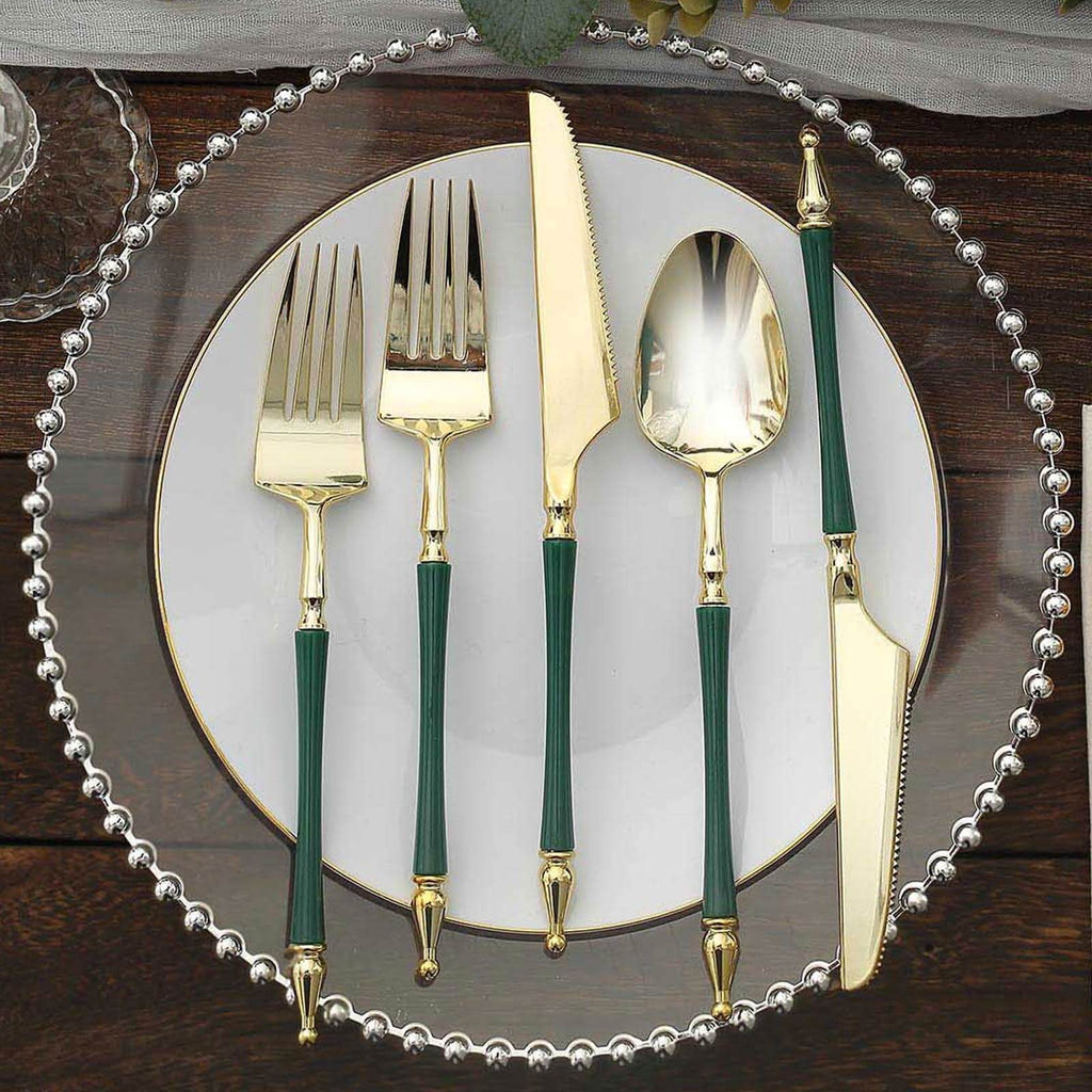 24-Pack Plastic Utensil Set with Roman Column Handle Gold/Hunter Emerald Green - Disposable Silverware