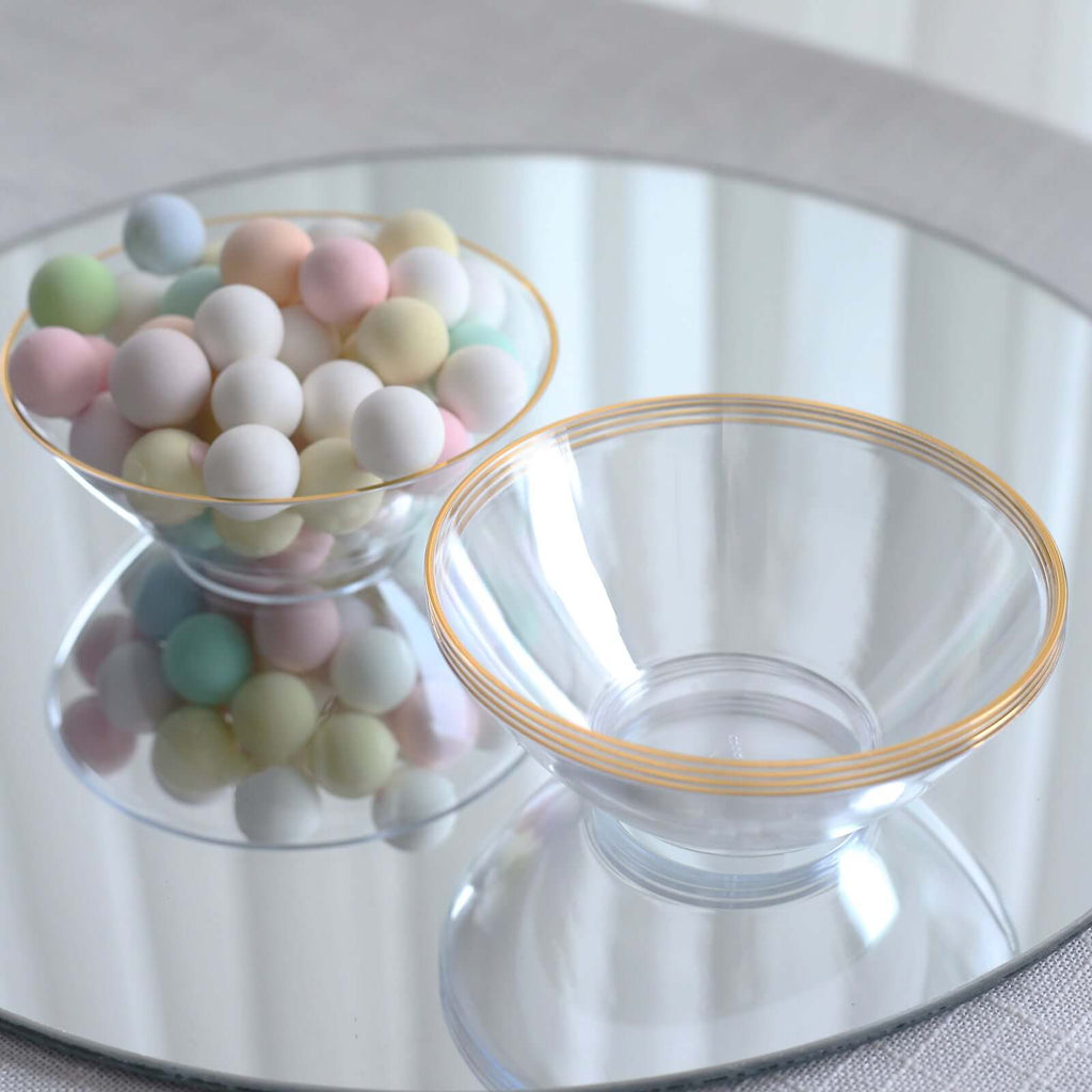 24 - Pack Heavy Duty Plastic Ice Cream Bowls Clear Premium Gold Rim - Perfect for Celebrations 7oz - Bell Racket Store