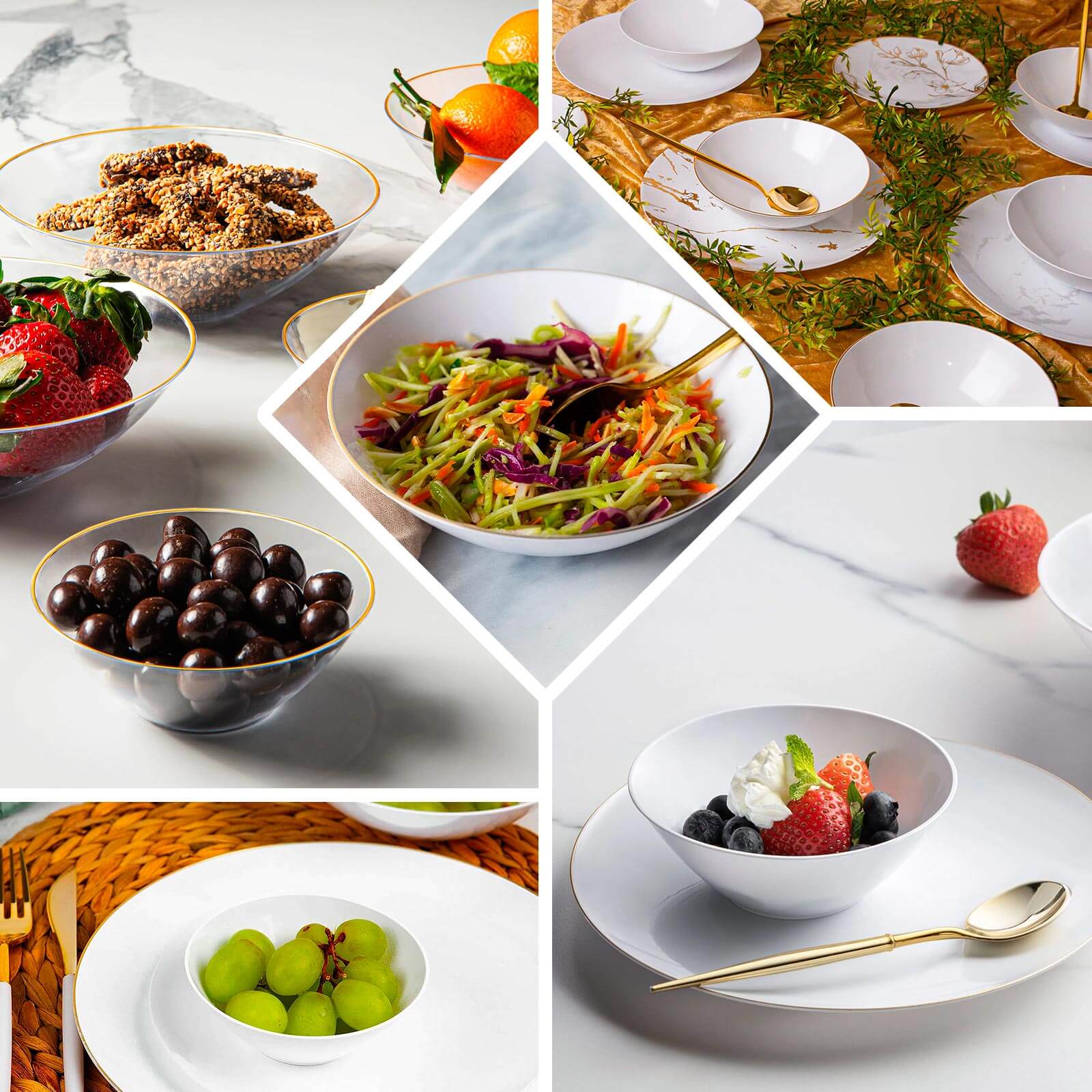 24 - Pack Heavy Duty Plastic Ice Cream Bowls Glossy White Gold Rim Premium - Great for Events 7oz - Bell Racket Store