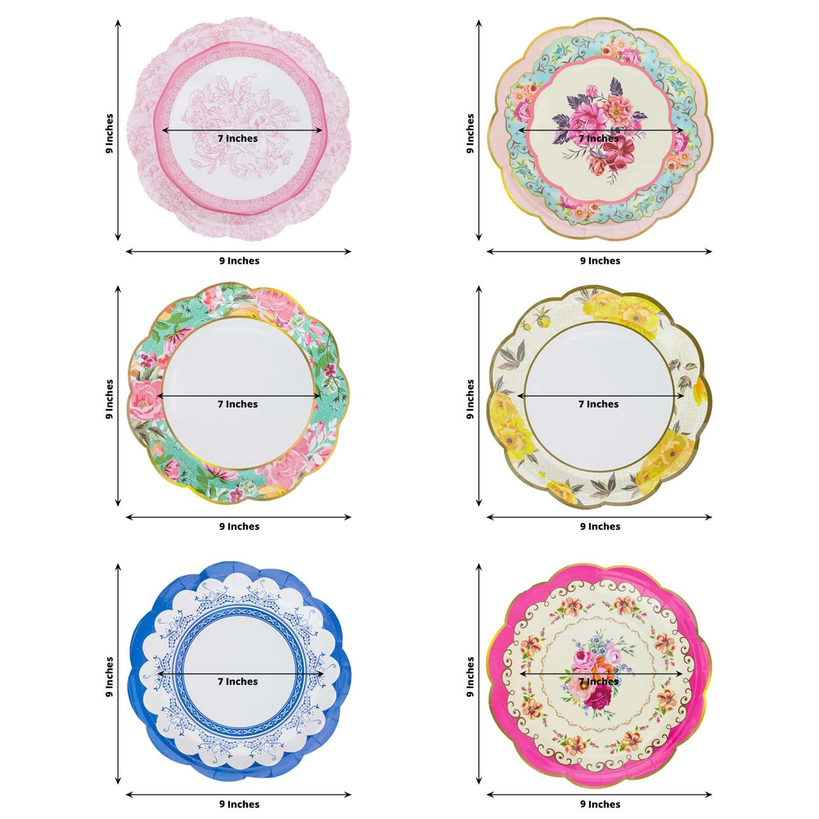 24 - Pack Paper 9" Round Dinner Plates in Mixed Floral Print with Scalloped Edge - Disposable Party Plates for Baby Showers & Vintage Themes - Bell Racket Store