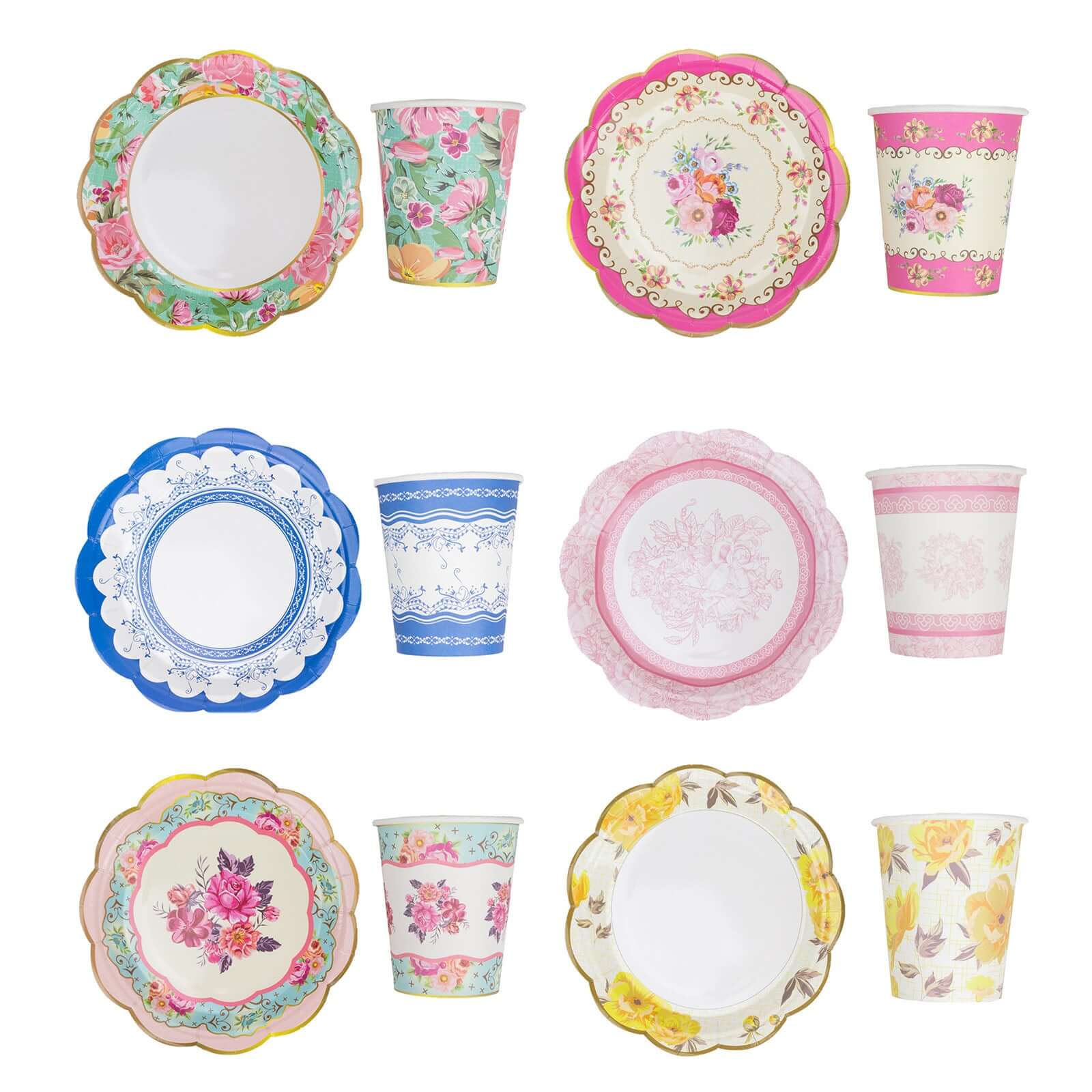 24 - Pack Paper Cup and Saucer Set in Mixed Vintage Floral Print - Disposable Tea Party Supplies Kit for Baby Showers & Birthdays - Bell Racket Store