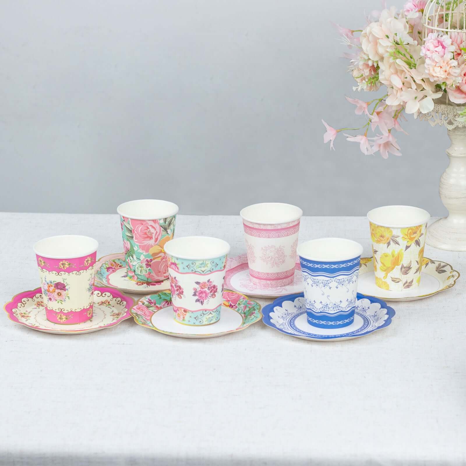 24 - Pack Paper Cup and Saucer Set in Mixed Vintage Floral Print - Disposable Tea Party Supplies Kit for Baby Showers & Birthdays - Bell Racket Store