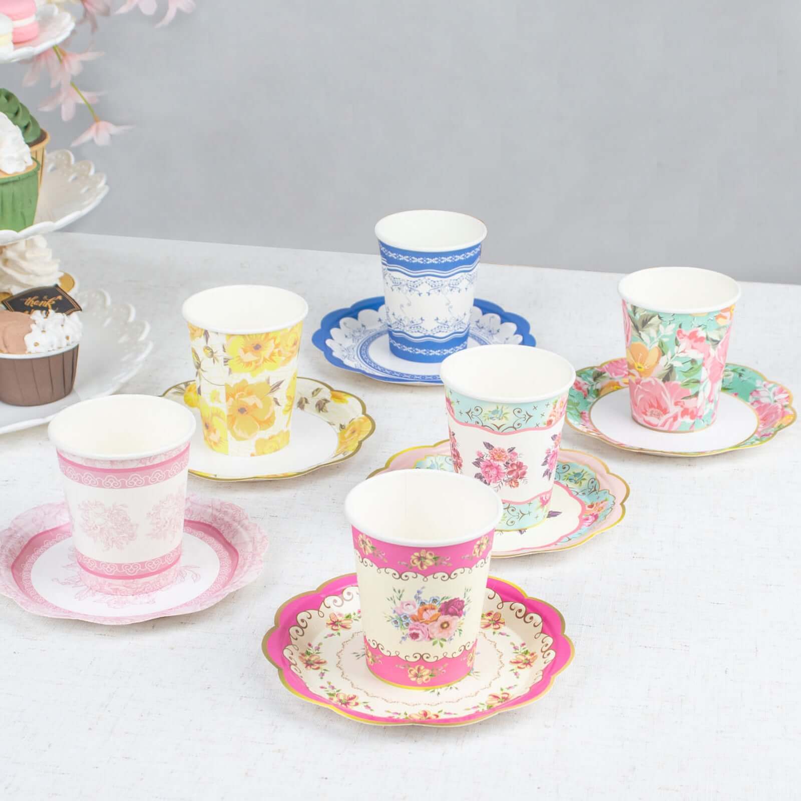24 - Pack Paper Cup and Saucer Set in Mixed Vintage Floral Print - Disposable Tea Party Supplies Kit for Baby Showers & Birthdays - Bell Racket Store