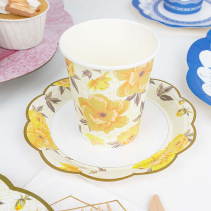 24 - Pack Paper Cup and Saucer Set in Mixed Vintage Floral Print - Disposable Tea Party Supplies Kit for Baby Showers & Birthdays - Bell Racket Store