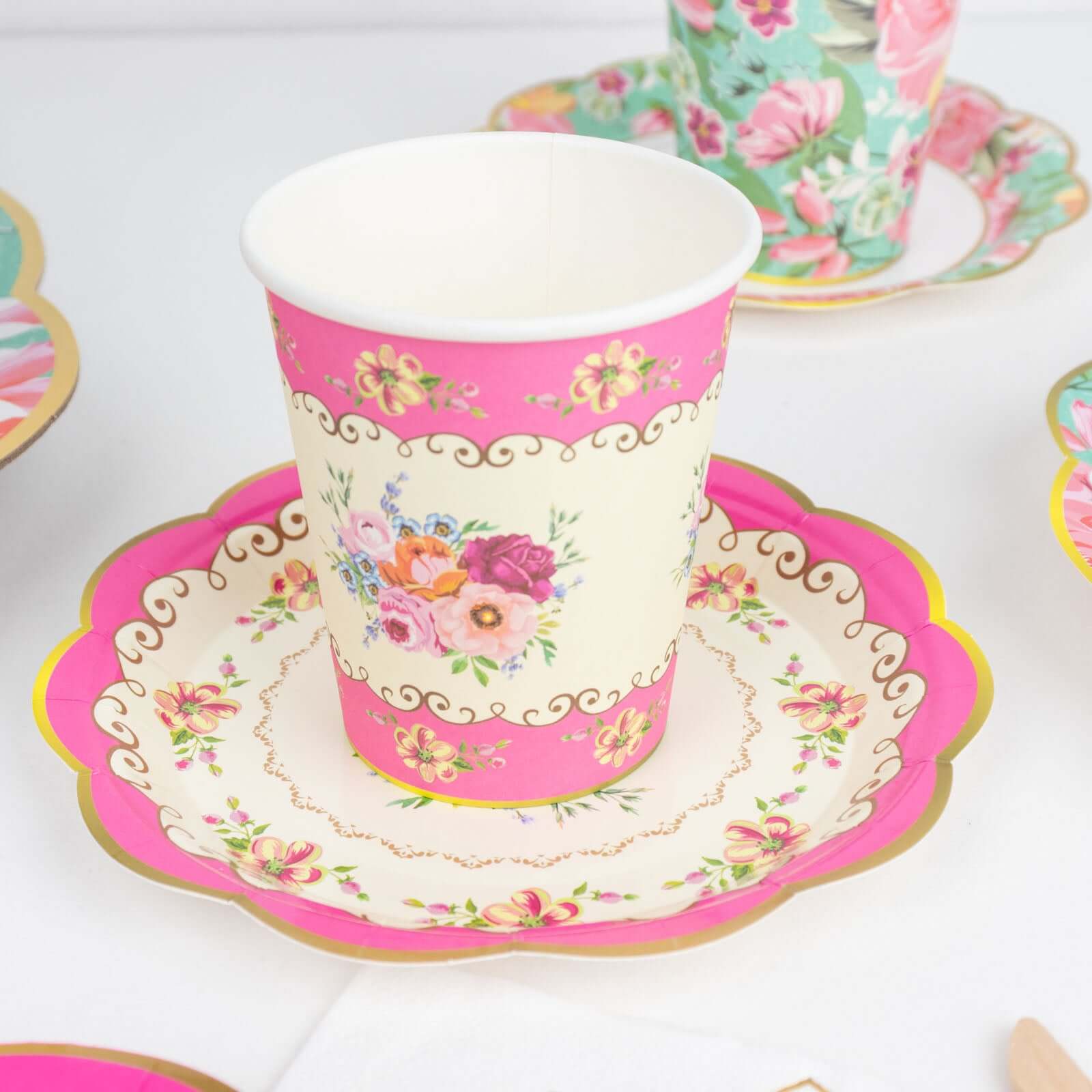 24 - Pack Paper Cup and Saucer Set in Mixed Vintage Floral Print - Disposable Tea Party Supplies Kit for Baby Showers & Birthdays - Bell Racket Store