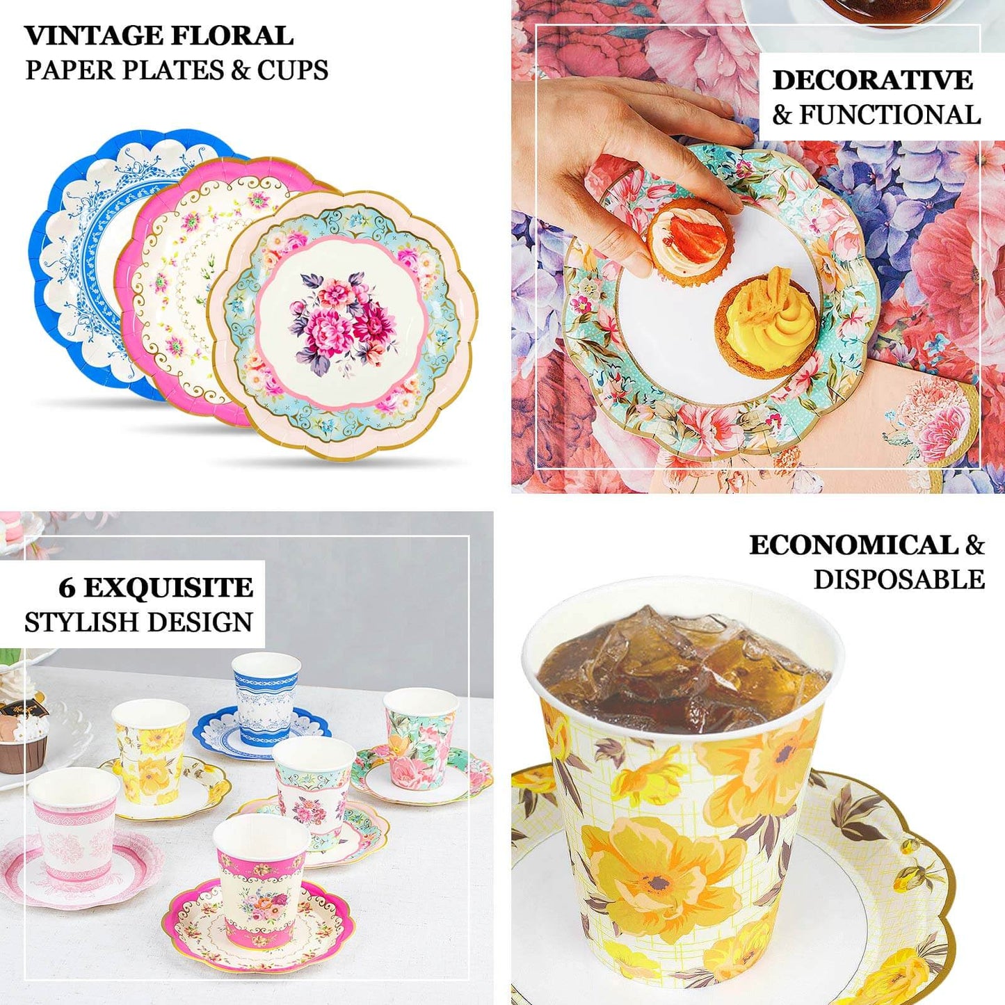 24 - Pack Paper Cup and Saucer Set in Mixed Vintage Floral Print - Disposable Tea Party Supplies Kit for Baby Showers & Birthdays - Bell Racket Store