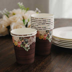 24 - Pack Paper Cups 9oz Brown Wood Print with Floral Lace Rim - Chic Disposable Party Cups for Rustic Decor & Themed Parties - Bell Racket Store