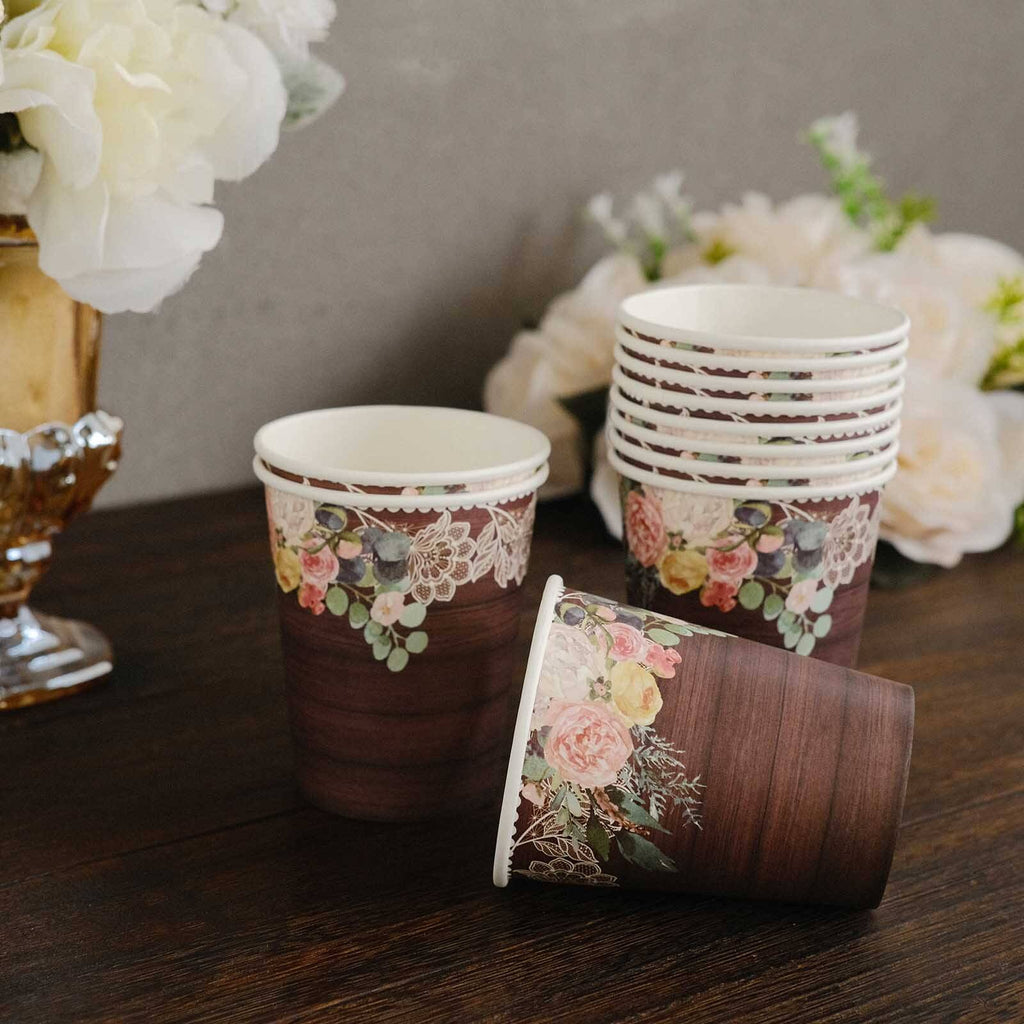 24 - Pack Paper Cups 9oz Brown Wood Print with Floral Lace Rim - Chic Disposable Party Cups for Rustic Decor & Themed Parties - Bell Racket Store
