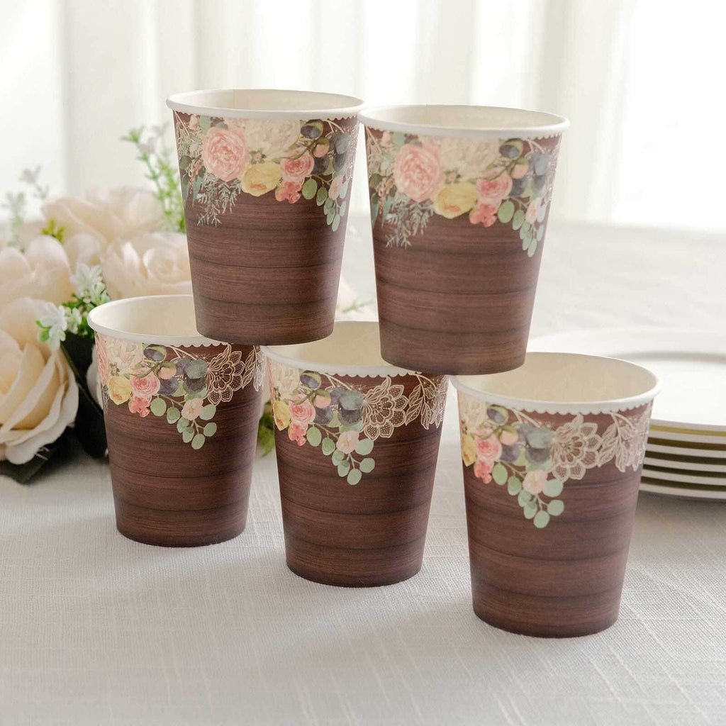 24 - Pack Paper Cups 9oz Brown Wood Print with Floral Lace Rim - Chic Disposable Party Cups for Rustic Decor & Themed Parties - Bell Racket Store