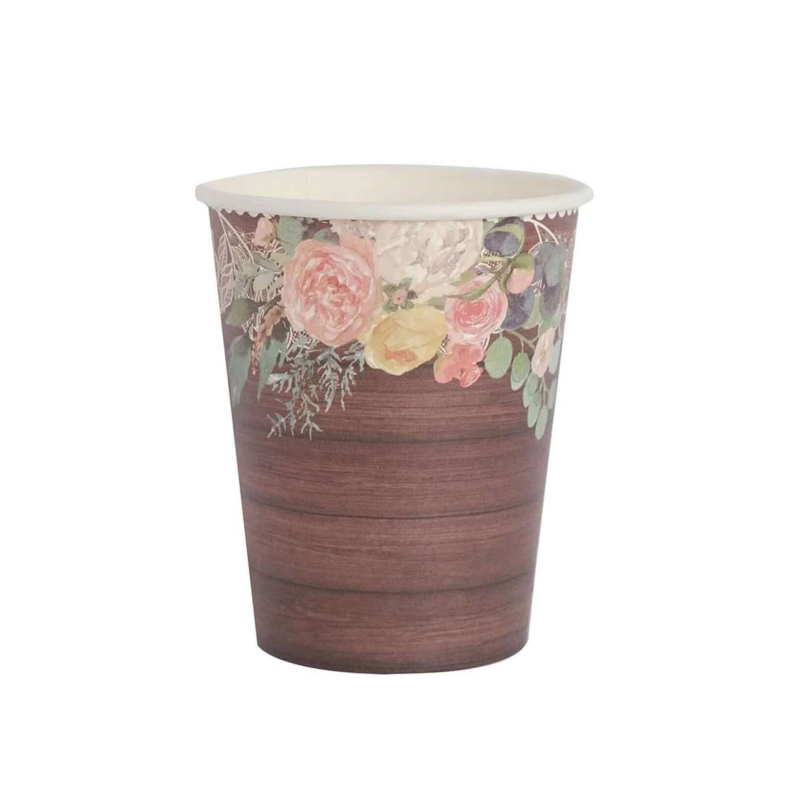 24 - Pack Paper Cups 9oz Brown Wood Print with Floral Lace Rim - Chic Disposable Party Cups for Rustic Decor & Themed Parties - Bell Racket Store