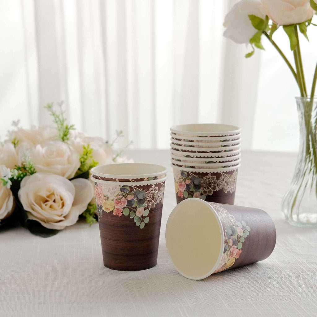 24 - Pack Paper Cups 9oz Brown Wood Print with Floral Lace Rim - Chic Disposable Party Cups for Rustic Decor & Themed Parties - Bell Racket Store