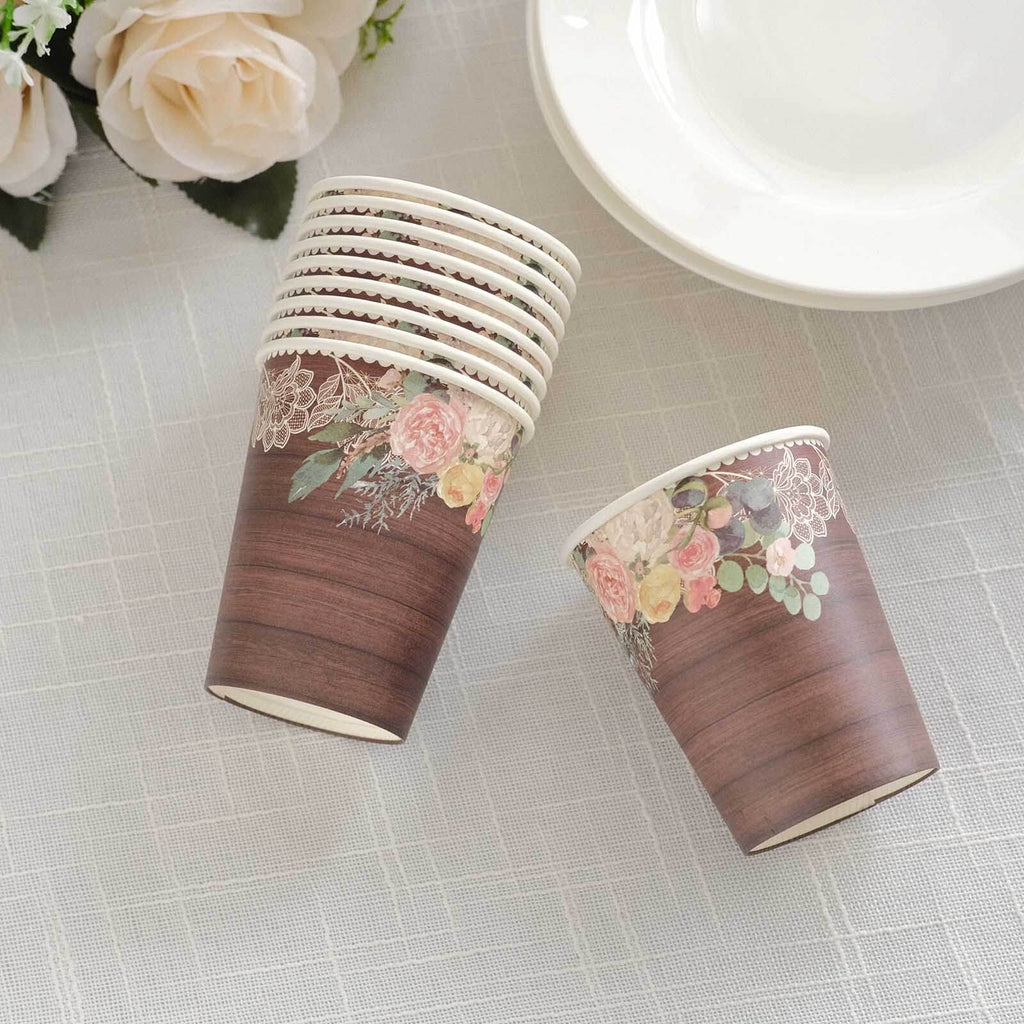 24 - Pack Paper Cups 9oz Brown Wood Print with Floral Lace Rim - Chic Disposable Party Cups for Rustic Decor & Themed Parties - Bell Racket Store