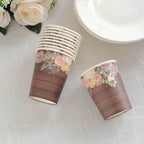 24 - Pack Paper Cups 9oz Brown Wood Print with Floral Lace Rim - Chic Disposable Party Cups for Rustic Decor & Themed Parties - Bell Racket Store