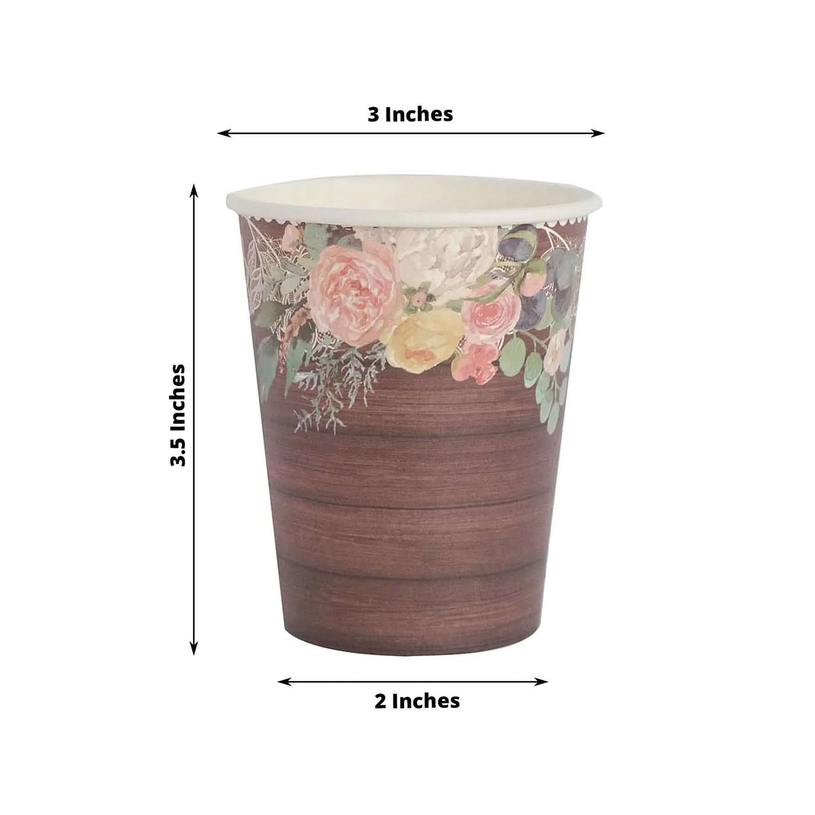 24 - Pack Paper Cups 9oz Brown Wood Print with Floral Lace Rim - Chic Disposable Party Cups for Rustic Decor & Themed Parties - Bell Racket Store