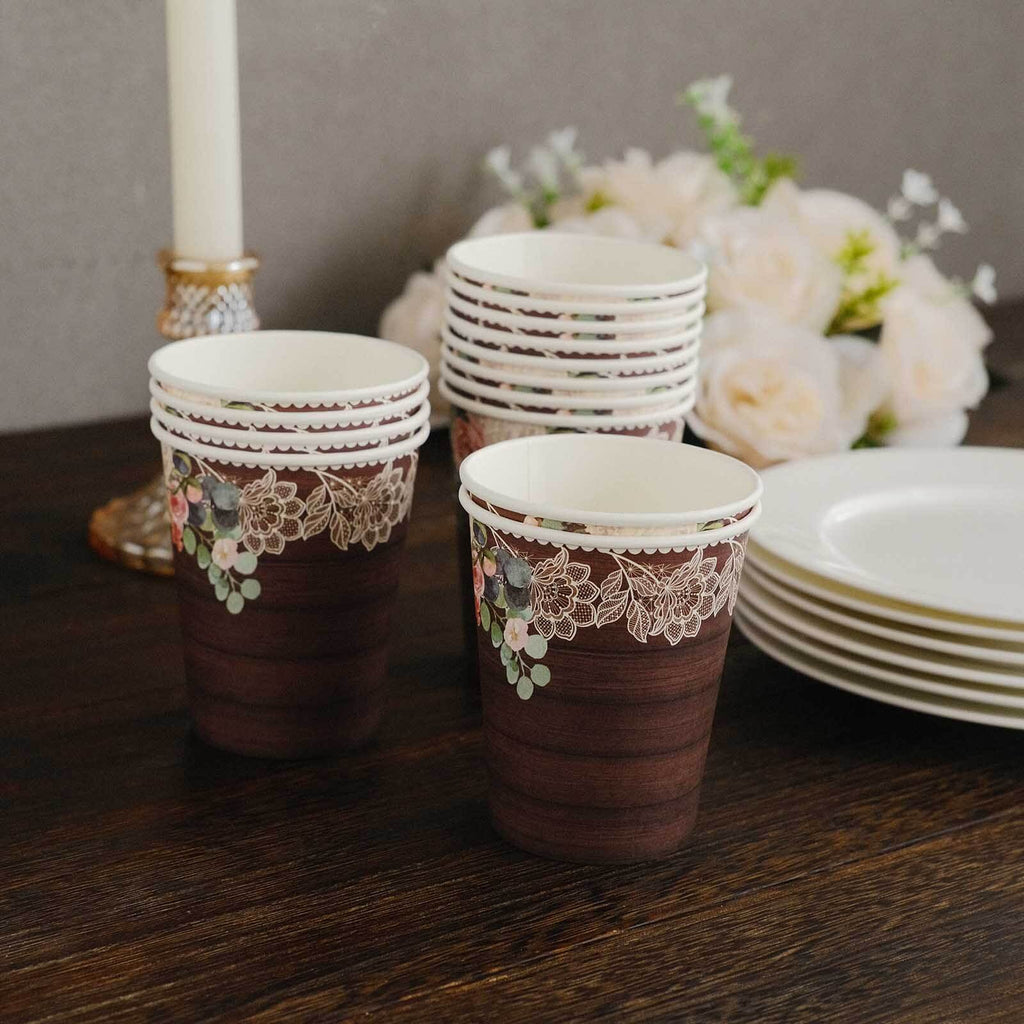 24 - Pack Paper Cups 9oz Brown Wood Print with Floral Lace Rim - Chic Disposable Party Cups for Rustic Decor & Themed Parties - Bell Racket Store