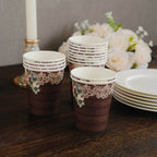 24 - Pack Paper Cups 9oz Brown Wood Print with Floral Lace Rim - Chic Disposable Party Cups for Rustic Decor & Themed Parties - Bell Racket Store