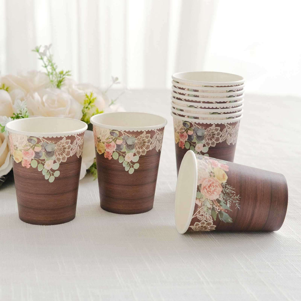 24 - Pack Paper Cups 9oz Brown Wood Print with Floral Lace Rim - Chic Disposable Party Cups for Rustic Decor & Themed Parties - Bell Racket Store