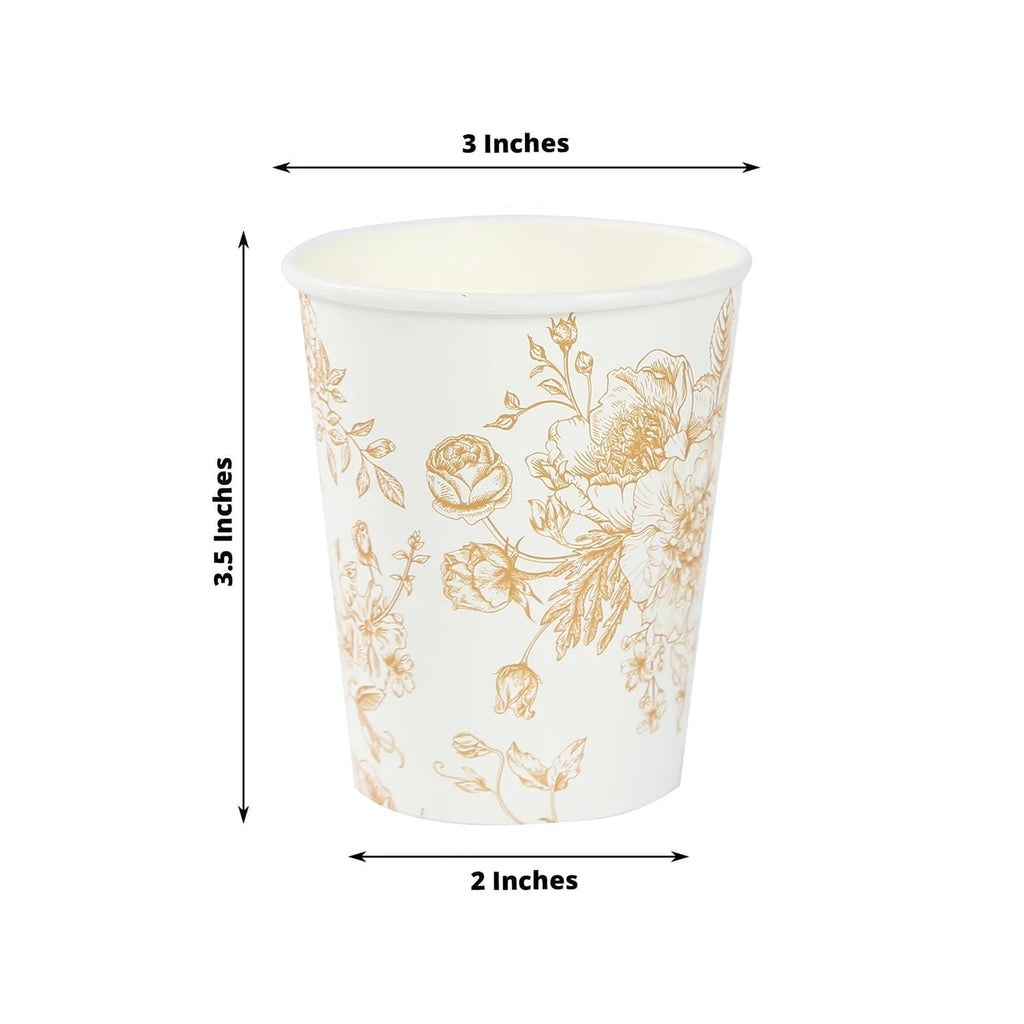 24 - Pack Paper Cups in White with Gold French Toile Print - Stylish Disposable Floral Party Cups for Weddings & All Purpose Use 9oz - Bell Racket Store