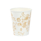 24 - Pack Paper Cups in White with Gold French Toile Print - Stylish Disposable Floral Party Cups for Weddings & All Purpose Use 9oz - Bell Racket Store